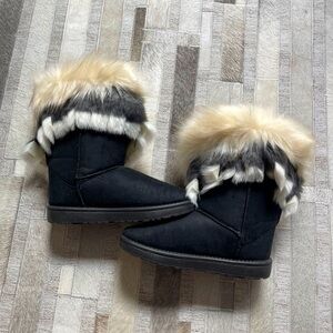 Faux Black Suede Boots w/Tiers of Fur